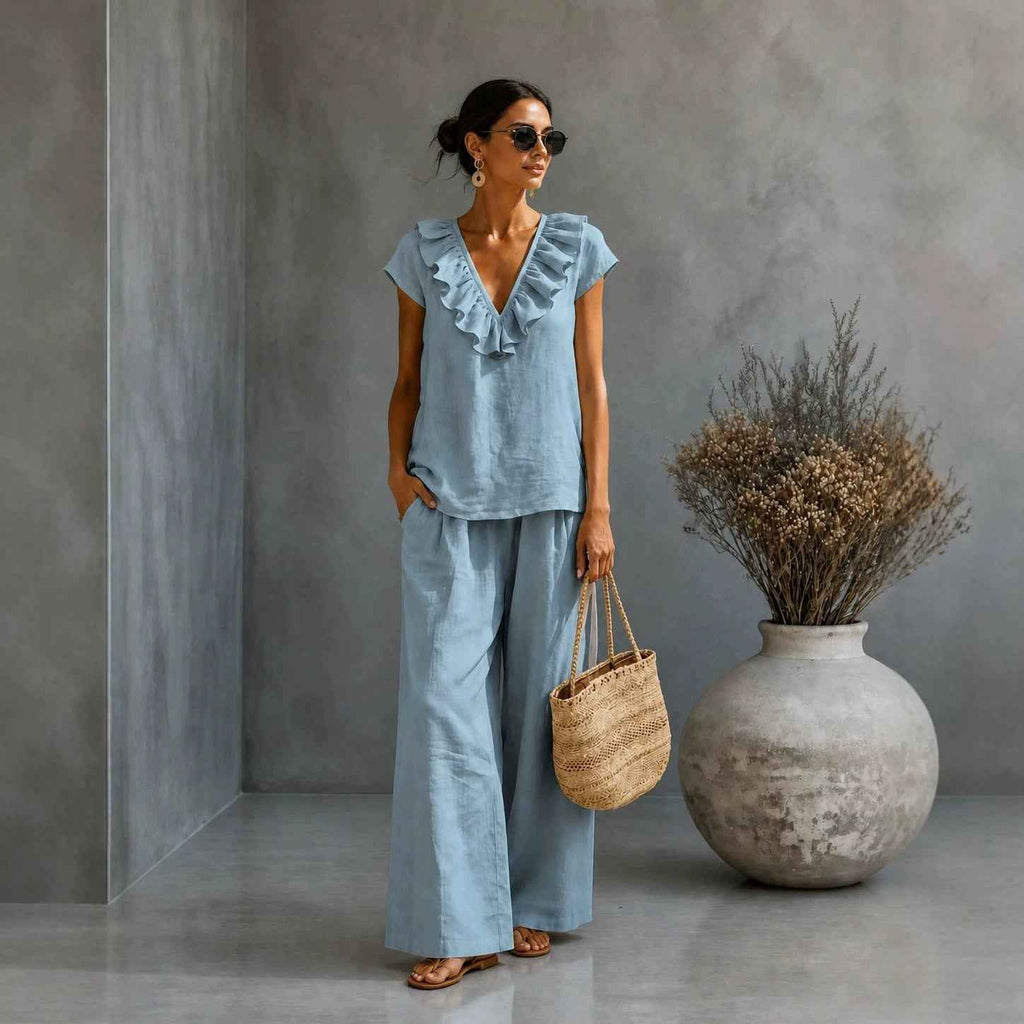 V-Neck Ruffled Hem T-Shirt & Wide-Leg Pants Set — 4 Colours