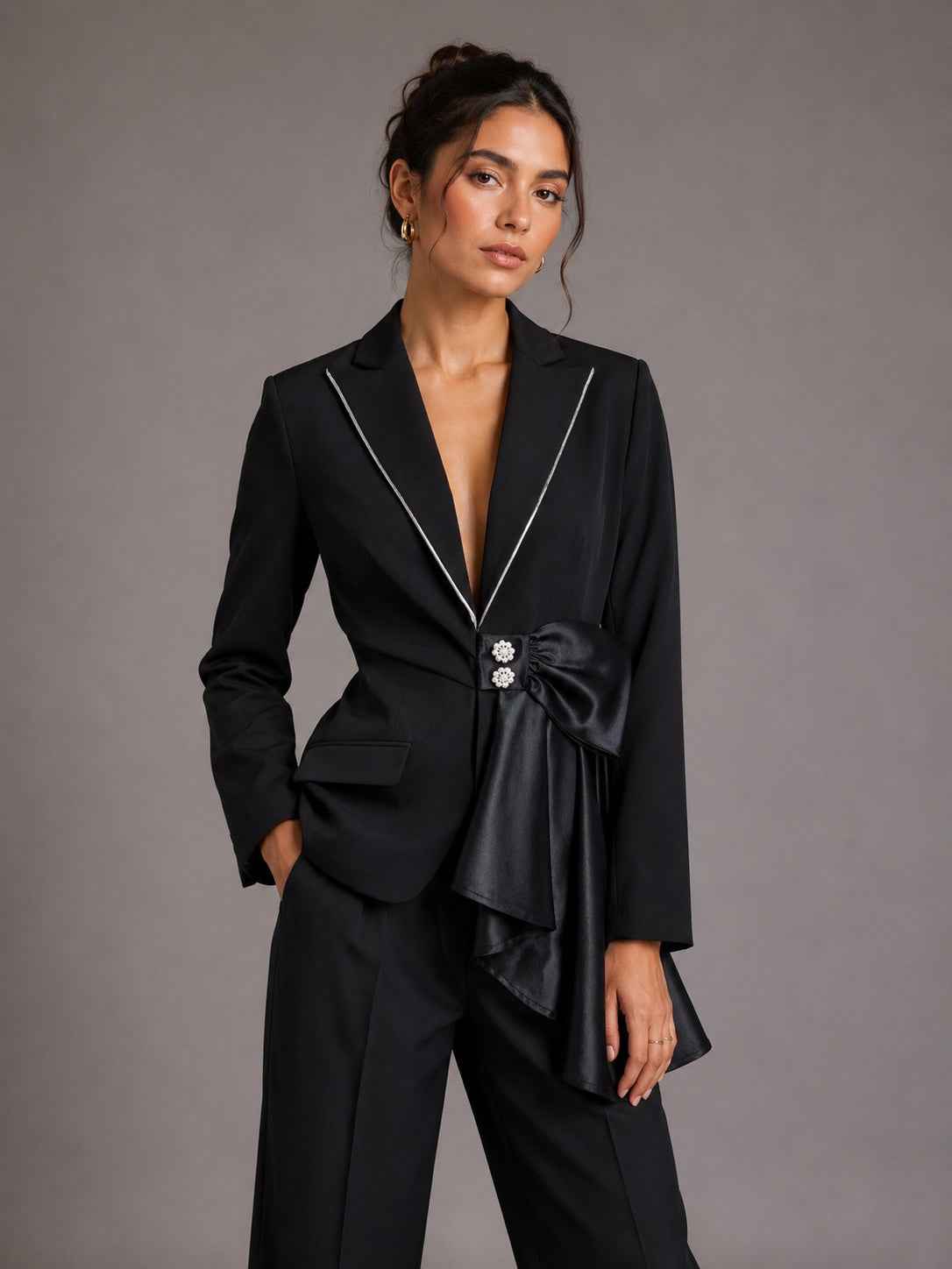 Contrast Satin Bow Rhinestone Trim Fitted Blazer Jacket