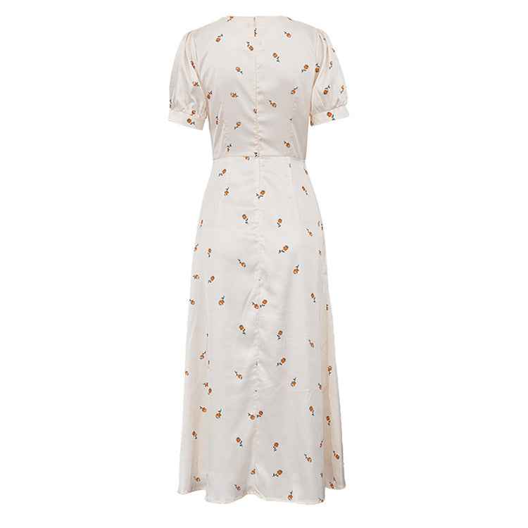 Cream Yellow Floral Print Satin Midi Dress