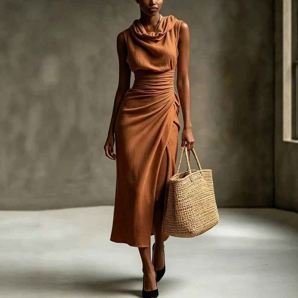 Sleeveless High-Waist Pleated Ruched Backless Slit Cotton-Linen Maxi Dress