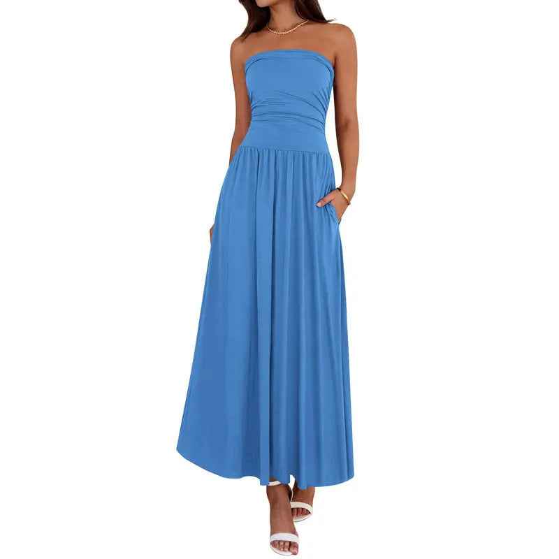 Strapless A-Line Maxi Dress – High Waist, Pleated, Open Back