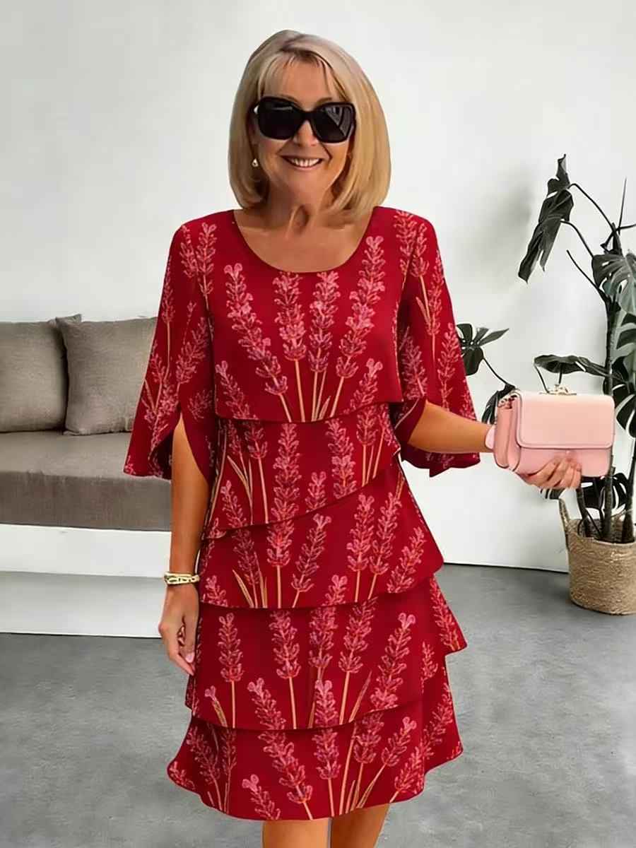 Women's 3D Embossed Print Chiffon Midi Dress — A-Line Shirt Style