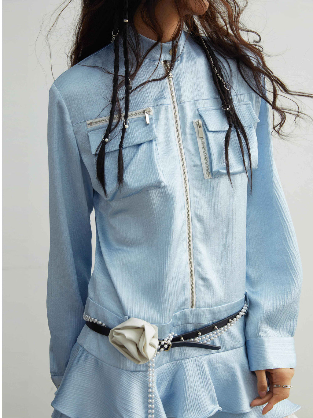 Women's Satin Shirt Skirt with 3D Pockets