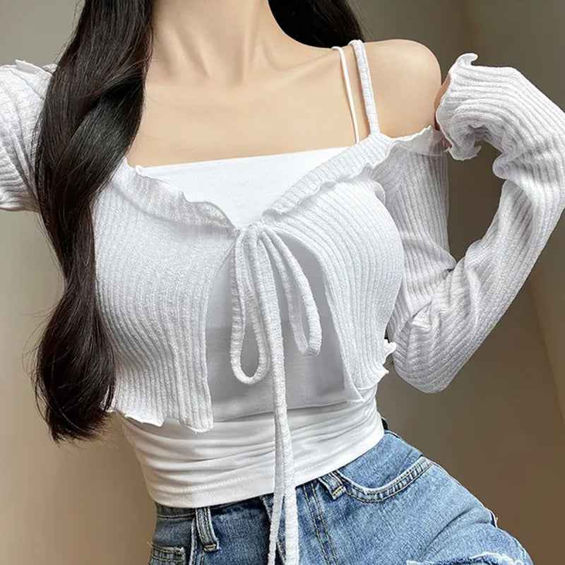 Off-Shoulder Slim-Fit Lace-Up Long-Sleeve Cardigan T-Shirt