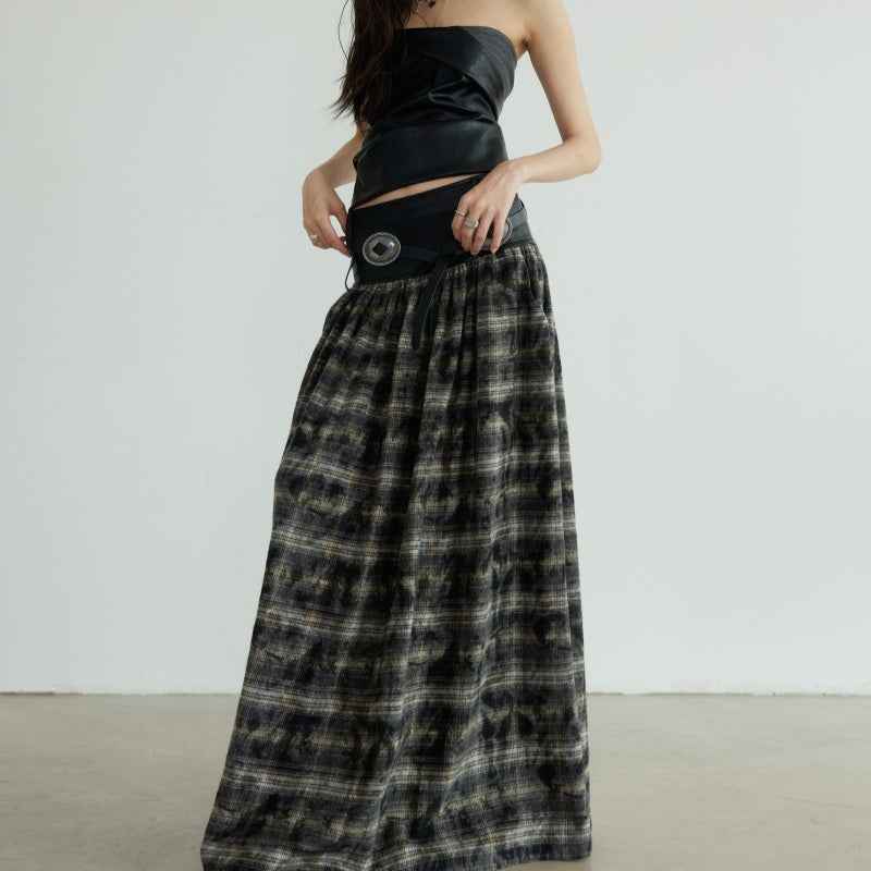 Women's Vintage Checkered Maxi Skirt – Black Cotton