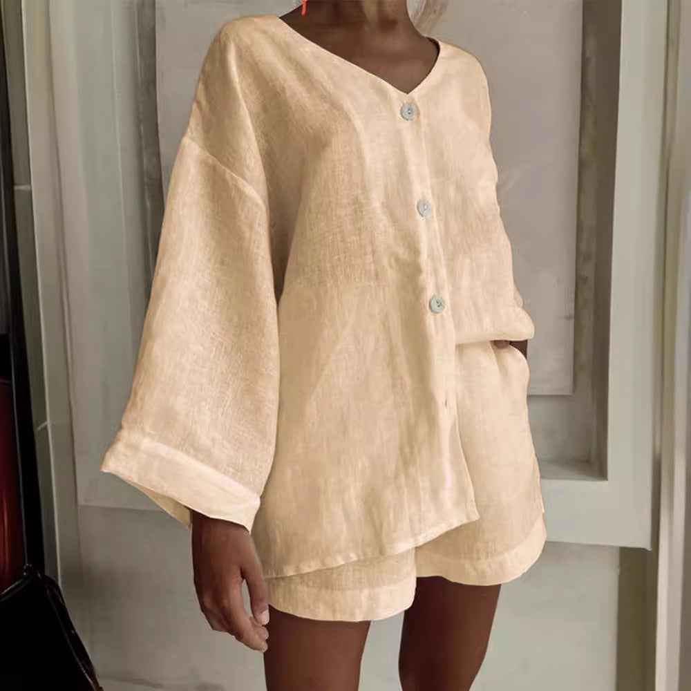 Cotton-Linen Long-Sleeve Shirt & Shorts Casual Two-Piece Set