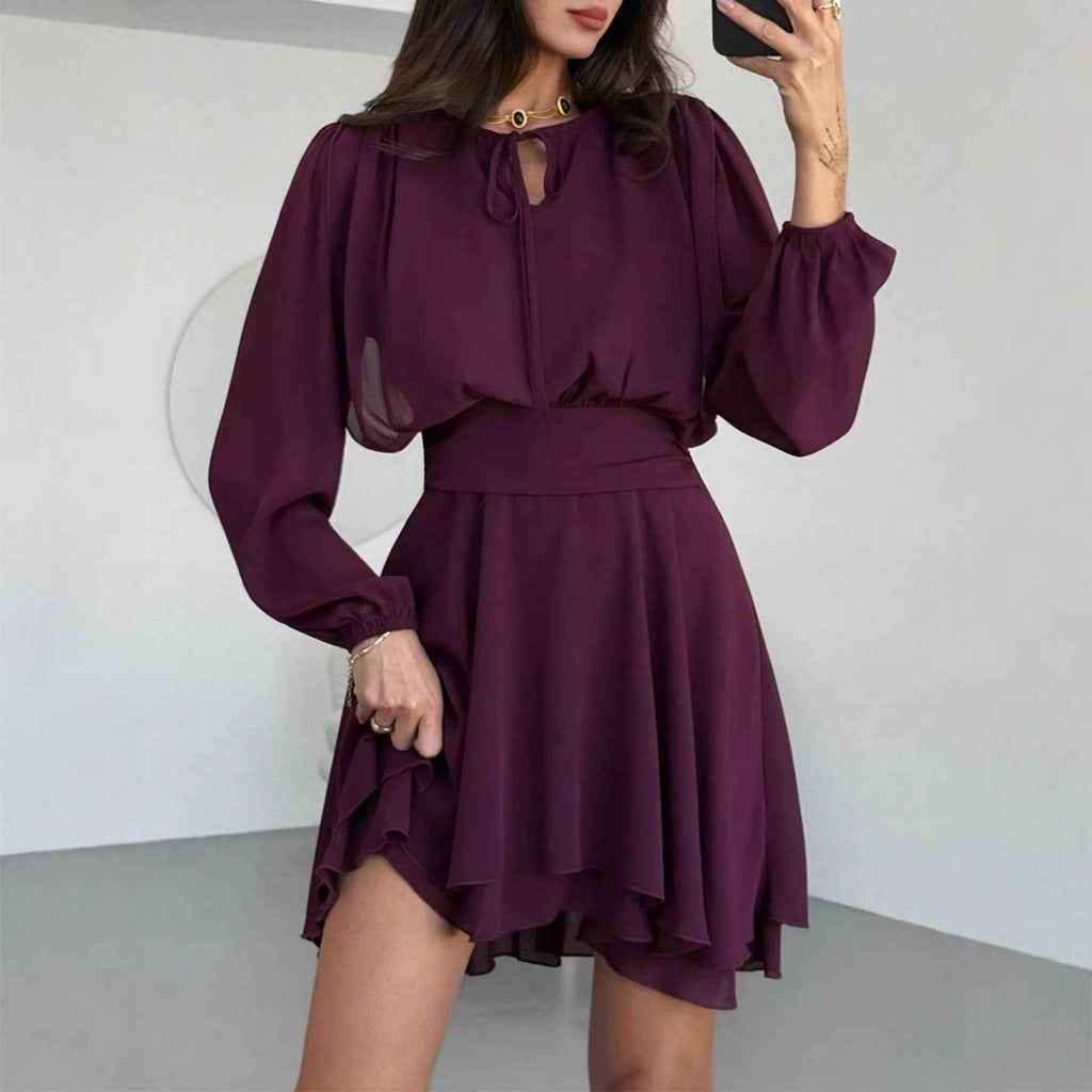 Long Sleeve Lace-Up High-Waist A-Line Dress