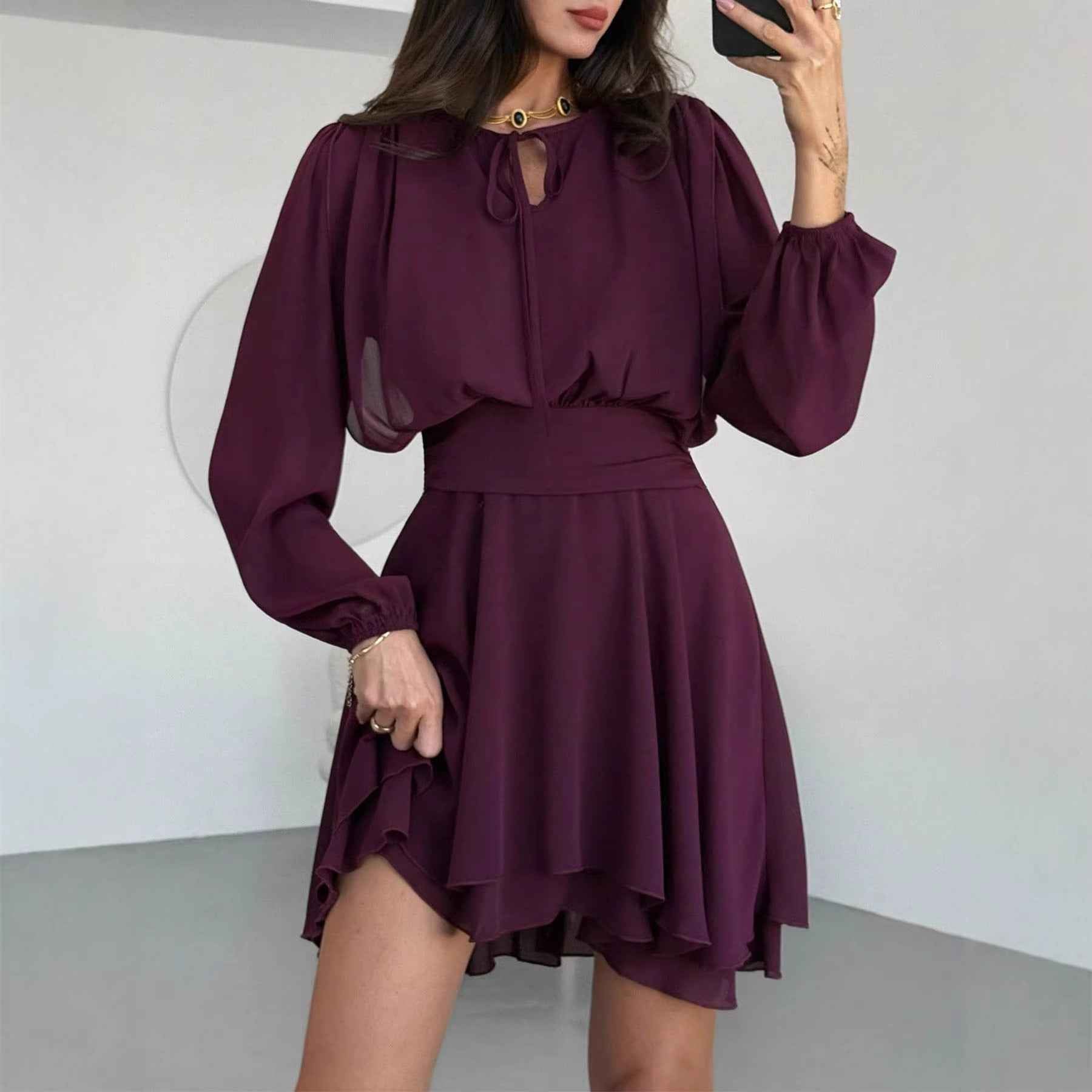 Long Sleeve Lace-Up High-Waist A-Line Dress