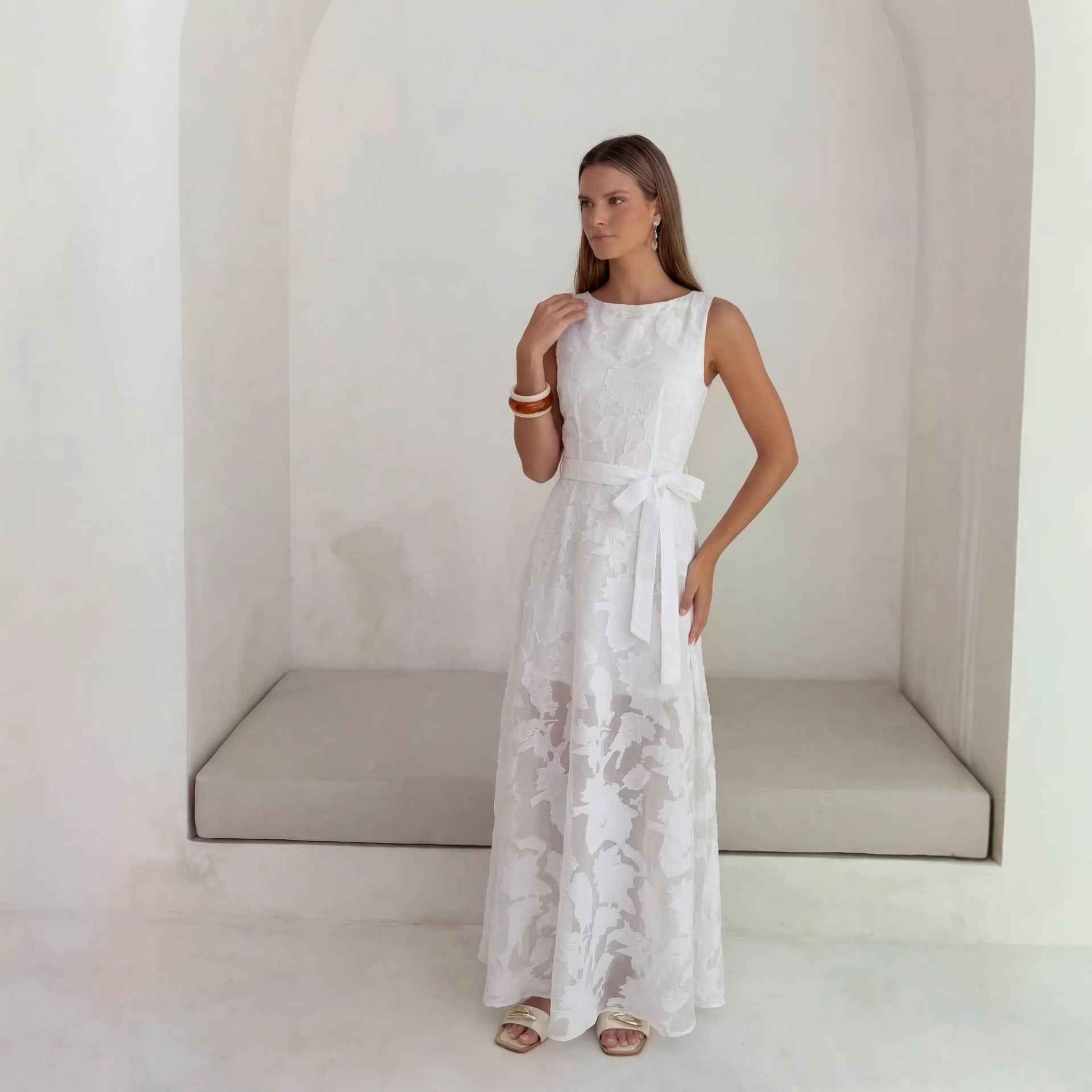 Burnout Floral Suspender A-Line Sleeveless Maxi Dress