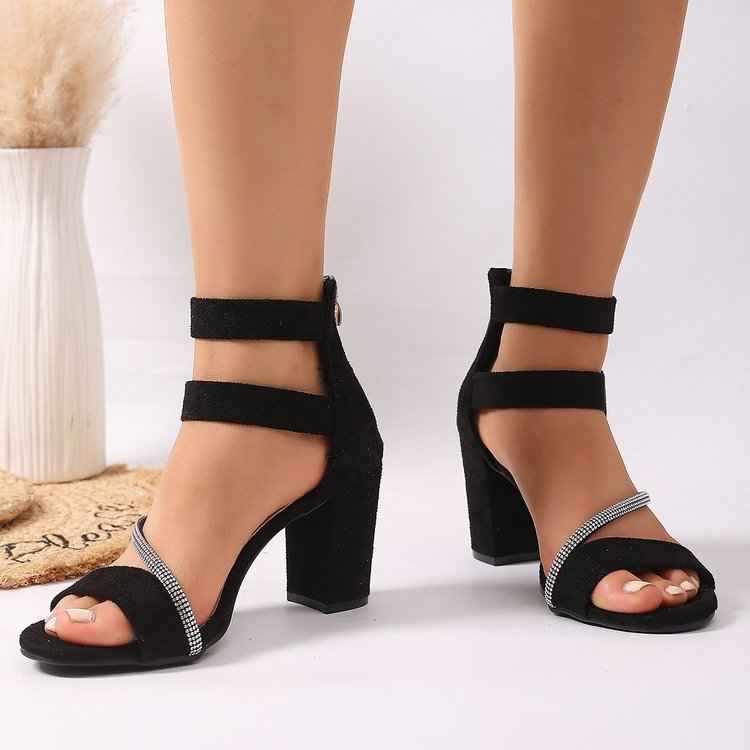 French Fabric Back Zipper Thick Heel High-heeled Sandals