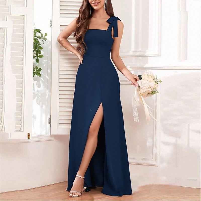 Square Neck Bow Shoulder Slit Maxi Evening Gown