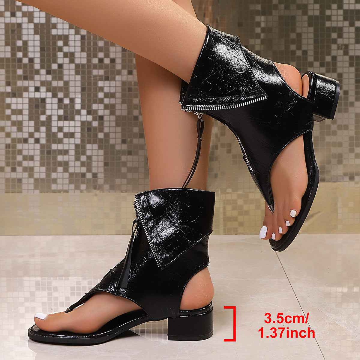 Roman-Style Peep-Toe Heeled Sandals — Front Zip, Mid Heel