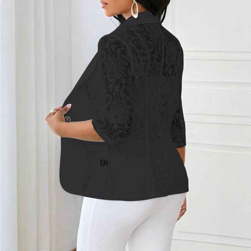 Women's Chiffon Blazer Top – Three-Quarter Sleeve Button Detail