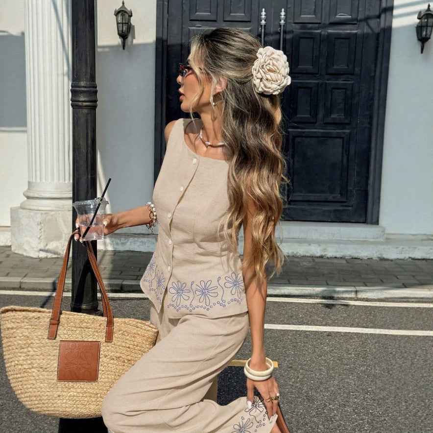 Solid-Color Sleeveless Vest & Wide-Leg Pants – Women’s Summer Two-Piece