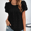 Ruffled Chiffon Top – V-Neck, Puff Sleeves & Pom-Pom Detail