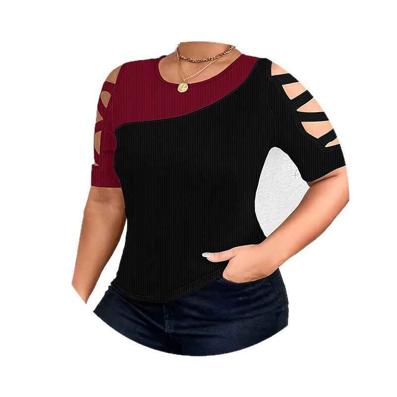 Contrast Patchwork Hollow-Out Slim Top — 4 Colourways, 0XL–6XL