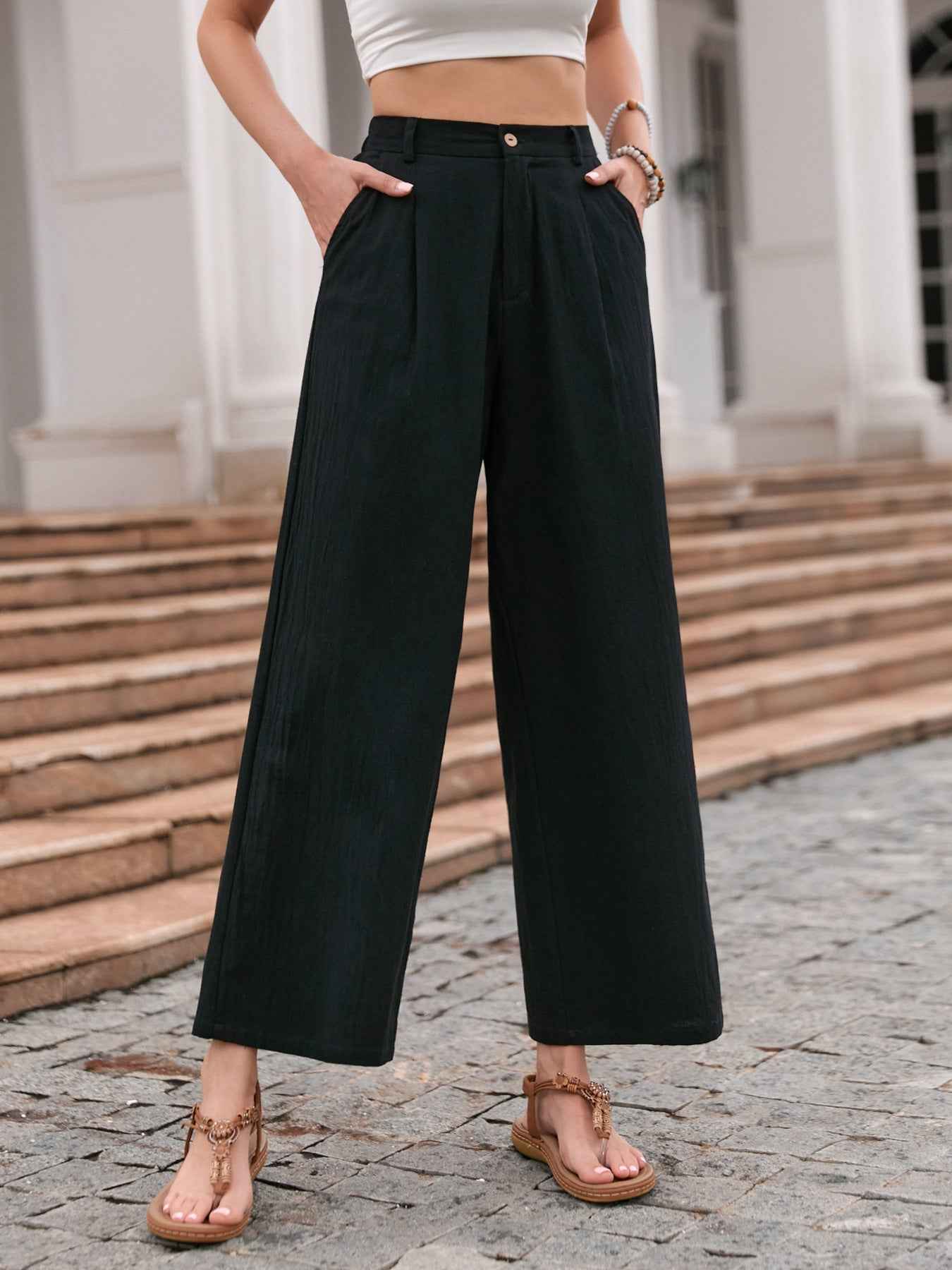 Women's Linen High-Waist Wide-Leg Casual Trousers