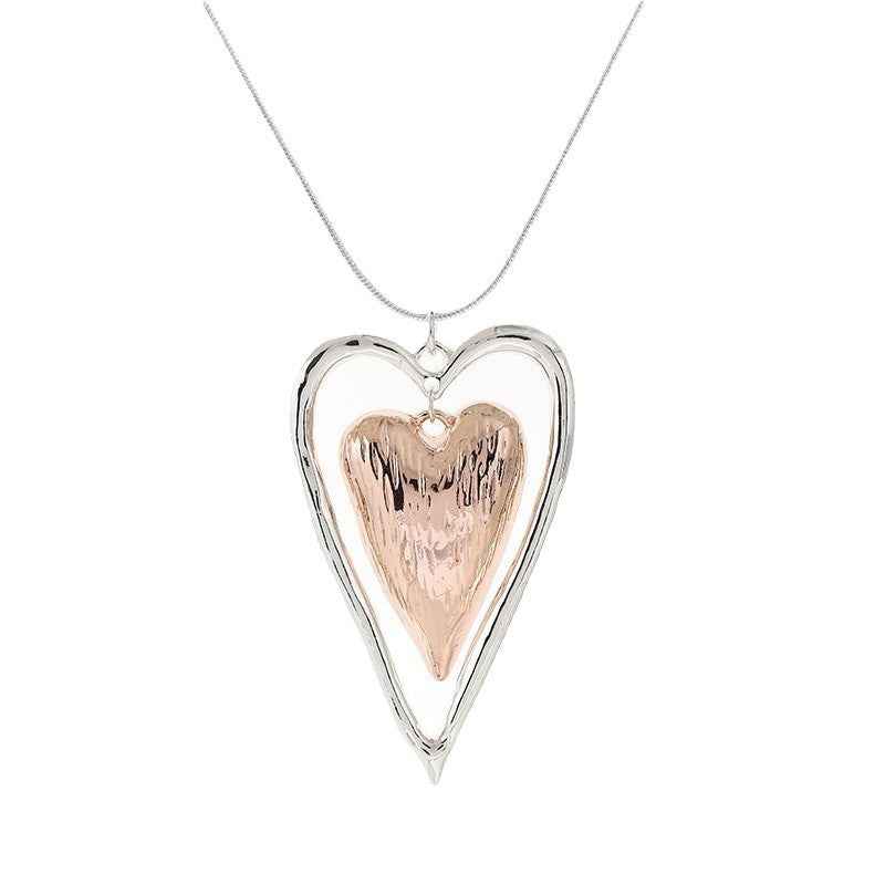 Heart Pendant Long Necklace – Gold & Rose Gold Electroplated Alloy