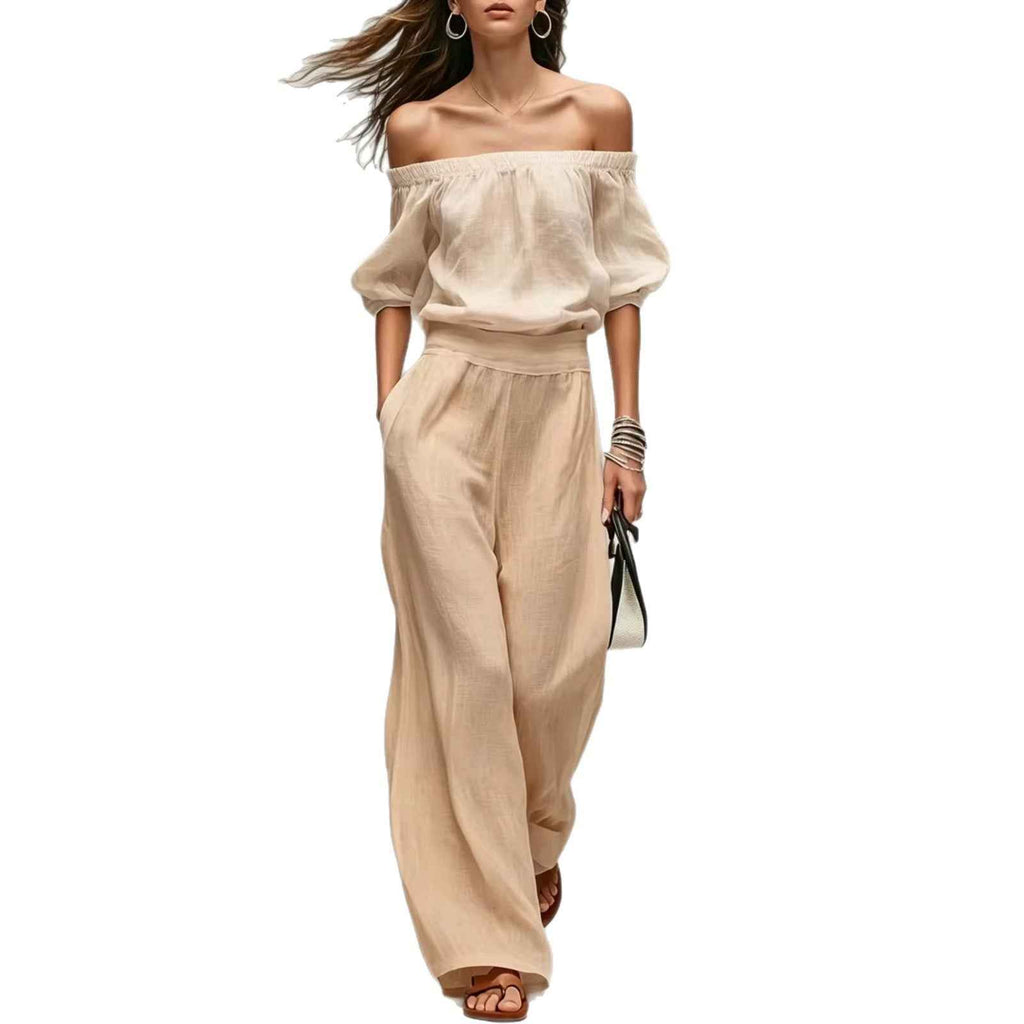 Cinched-top Blouse And Linen-textured Wide-leg Pants Set