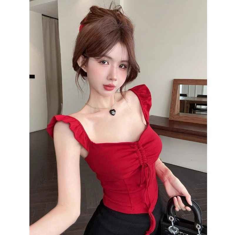Women's Square Neck Modal Top – Puff Sleeve Tie-Detail Camisole