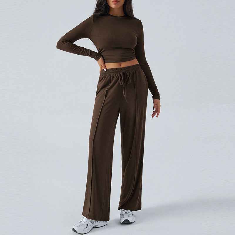 Long-Sleeve Top & Wide-Leg Pants Set – Solid Colour Co-ord