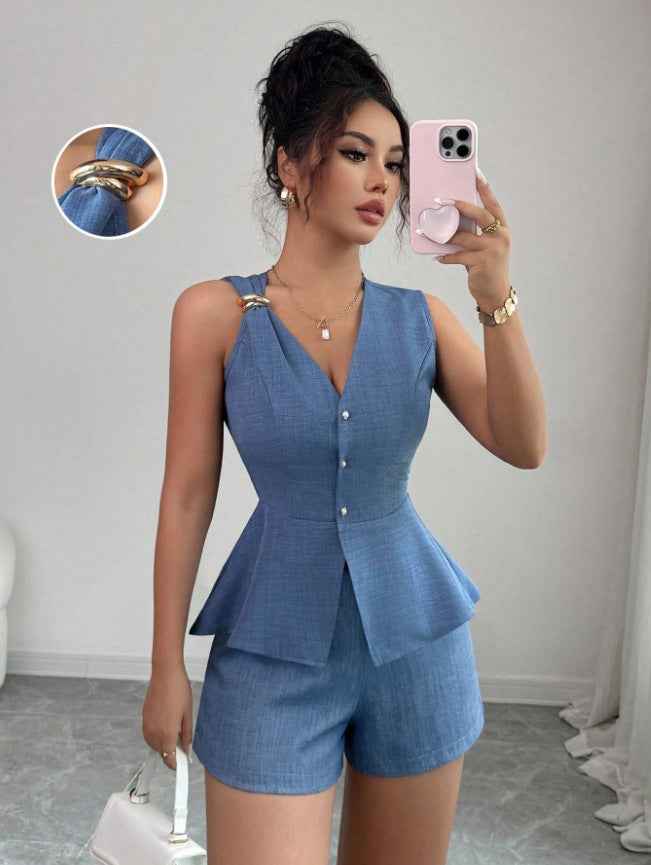 Waist-Cinched Sleeveless Blazer Vest & Shorts Set – Women’s Summer Two-Piece