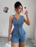 Waist-Cinched Sleeveless Blazer Vest & Shorts Set – Women’s Summer Two-Piece