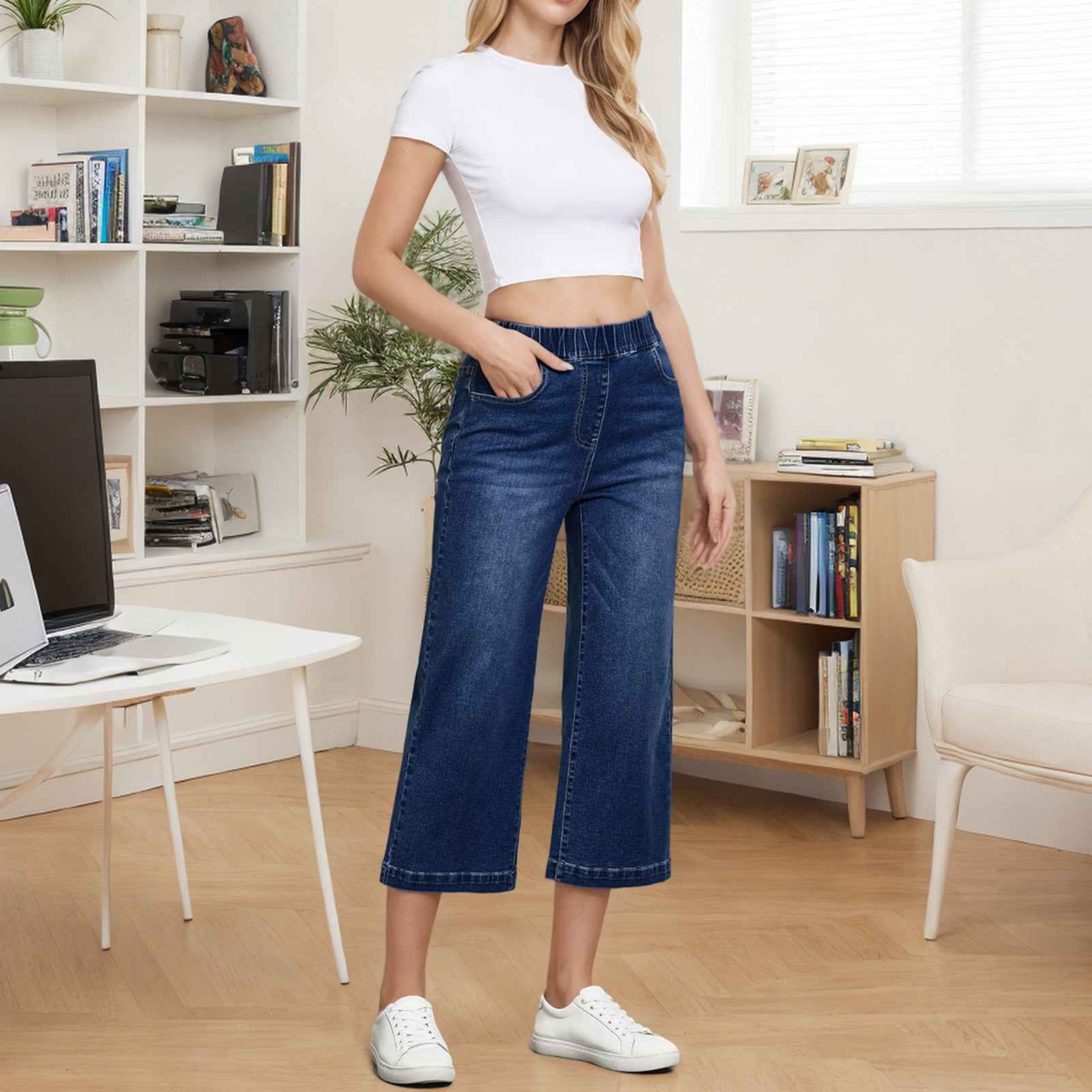 Women's High-Waist Straight-Leg Patchwork Cotton Denim Jeans