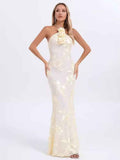 3D Floral Appliqué Halter-Neck Tulle Mermaid Gown