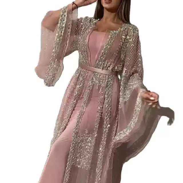 Lace Sequin Deep-V Maxi Evening Gown — Flared Sleeves, Black & Pink