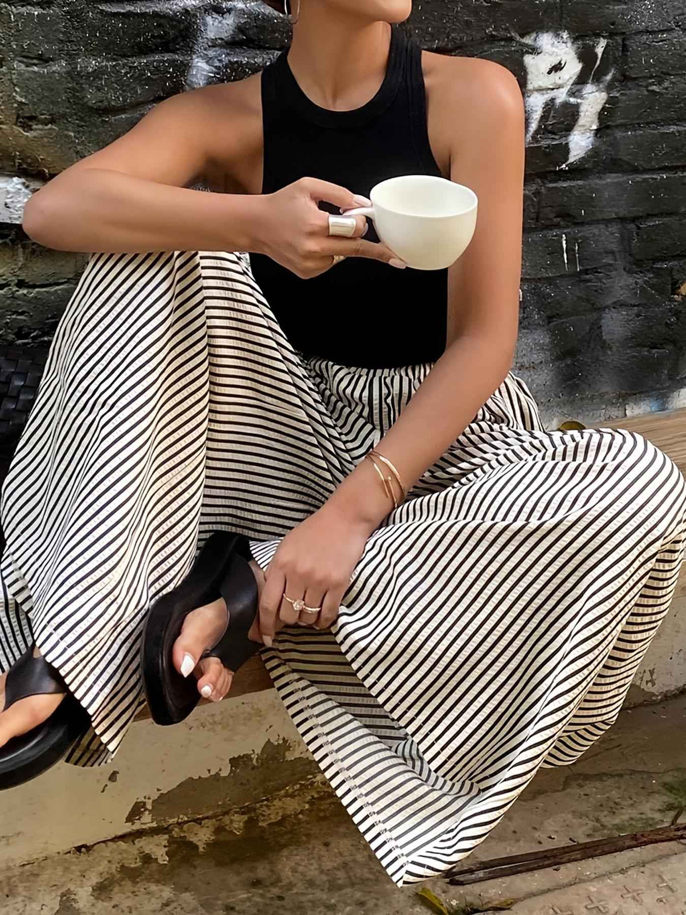 Women's Striped Elastic-Waist Wide-Leg Trousers