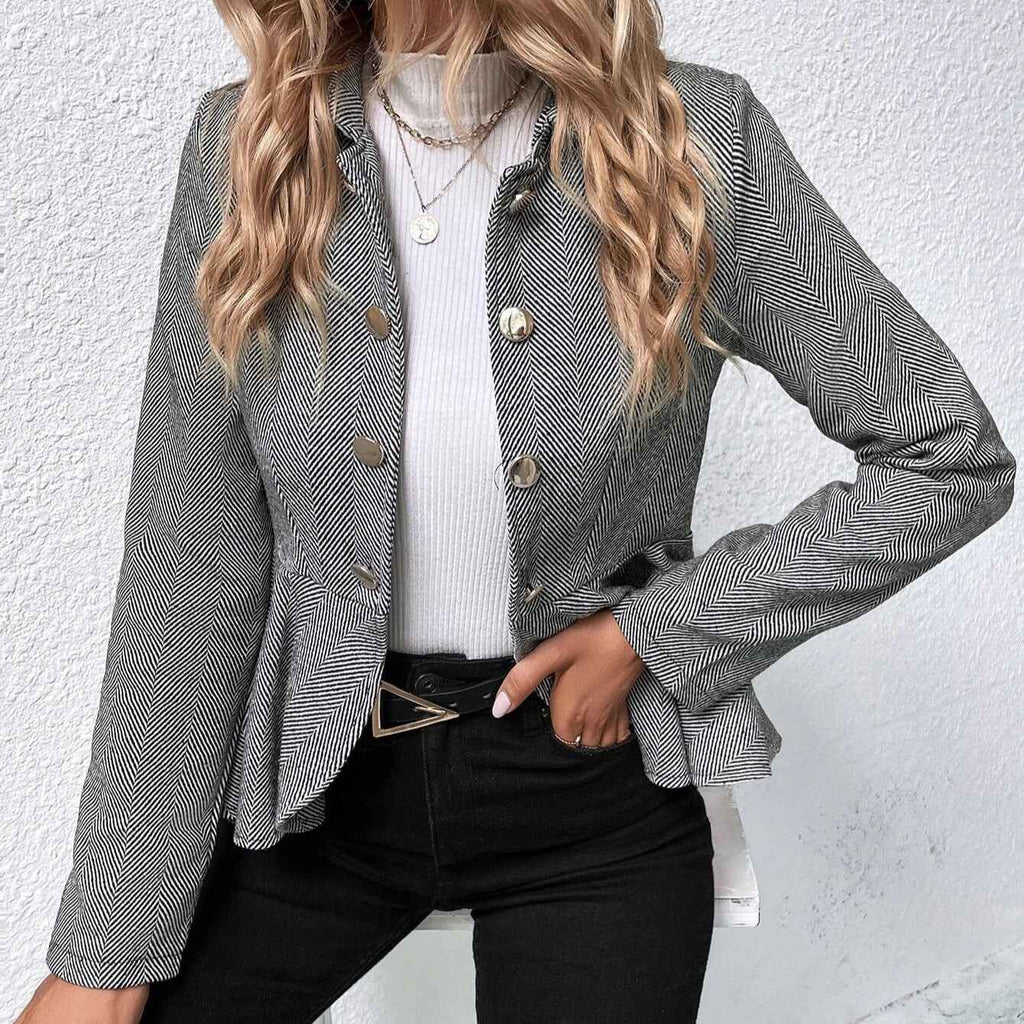 Double-Breasted Slim Blazer — Jacquard Collar, Ruffle Trim, 3 Colours