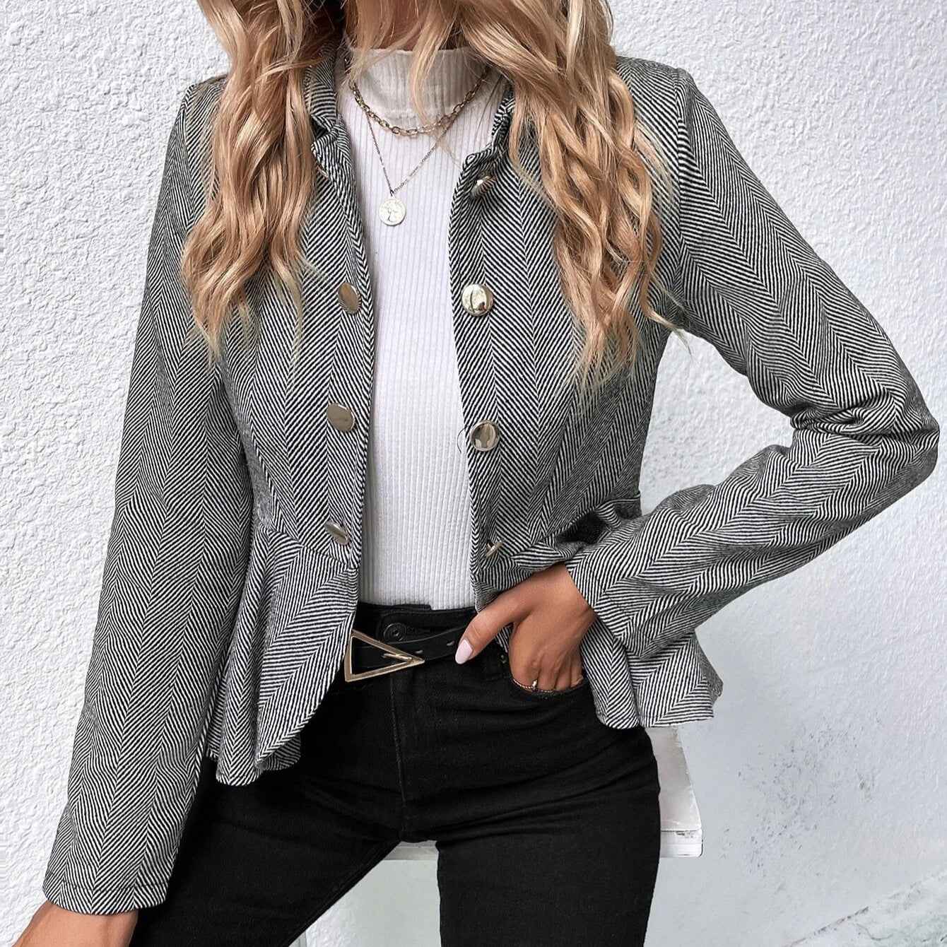 Double-Breasted Slim Blazer — Jacquard Collar, Ruffle Trim, 3 Colours