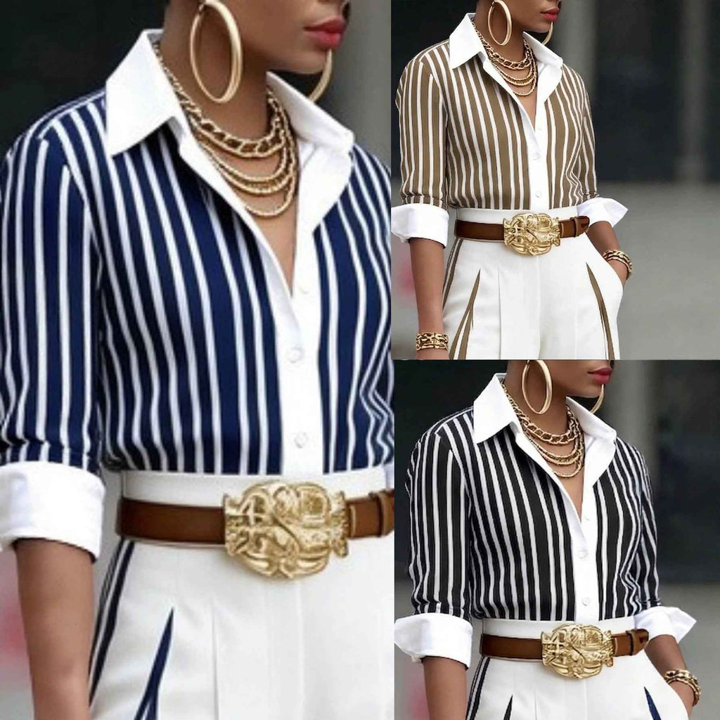 Women's Striped Contrast-Colour Lapel Shirt – Long Sleeve Cardigan