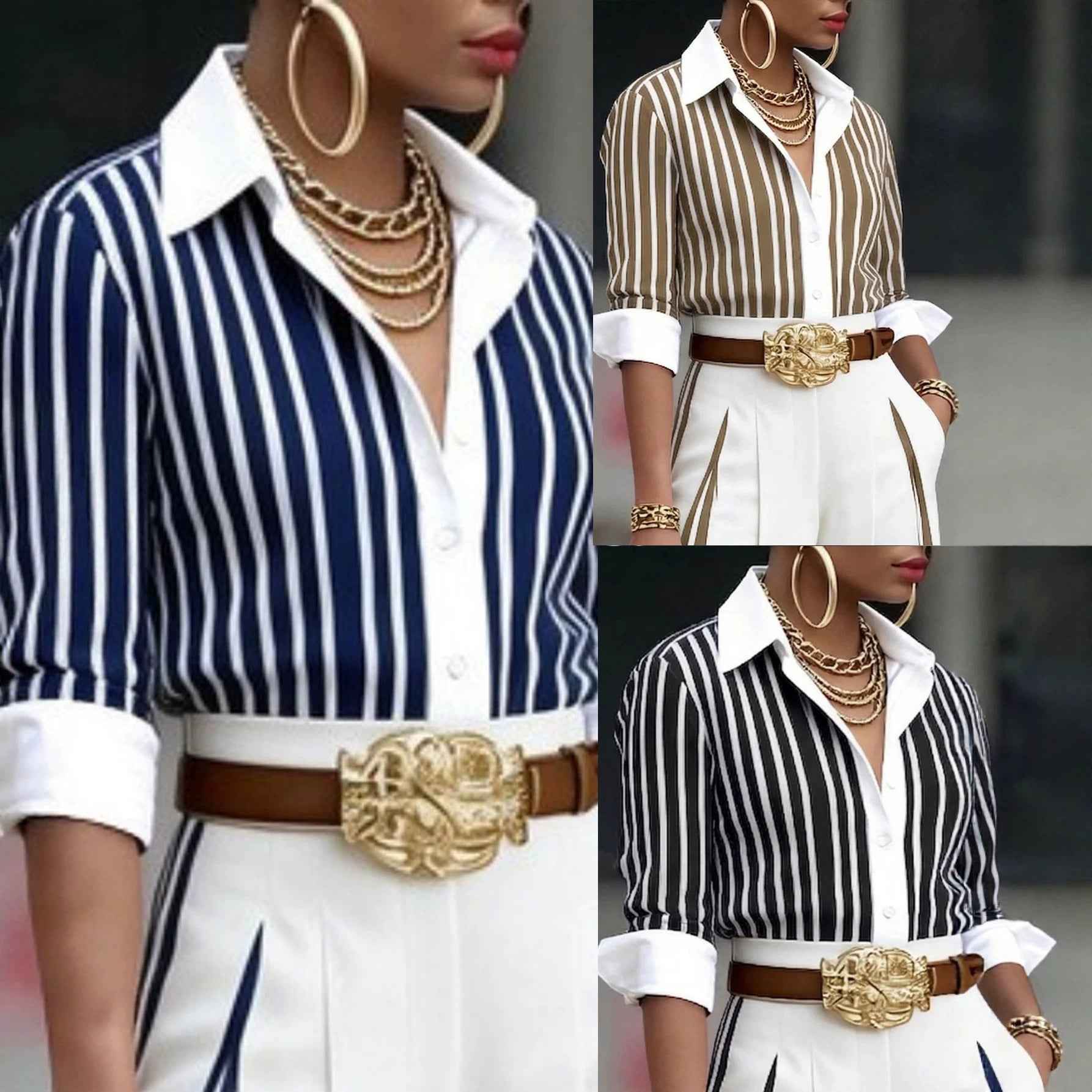 Women's Striped Contrast-Colour Lapel Shirt – Long Sleeve Cardigan
