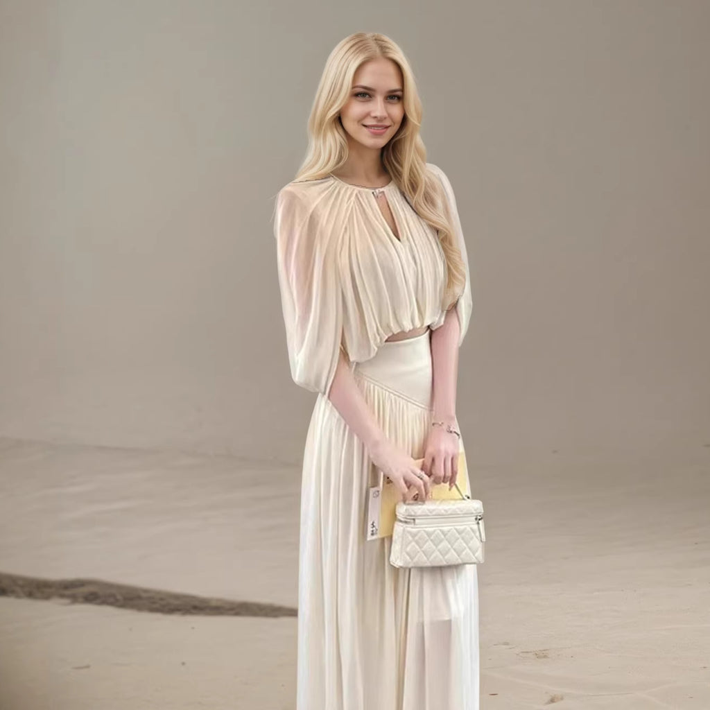 Puff-Sleeve Top & Floor-Length Pleated A-Line Skirt Set