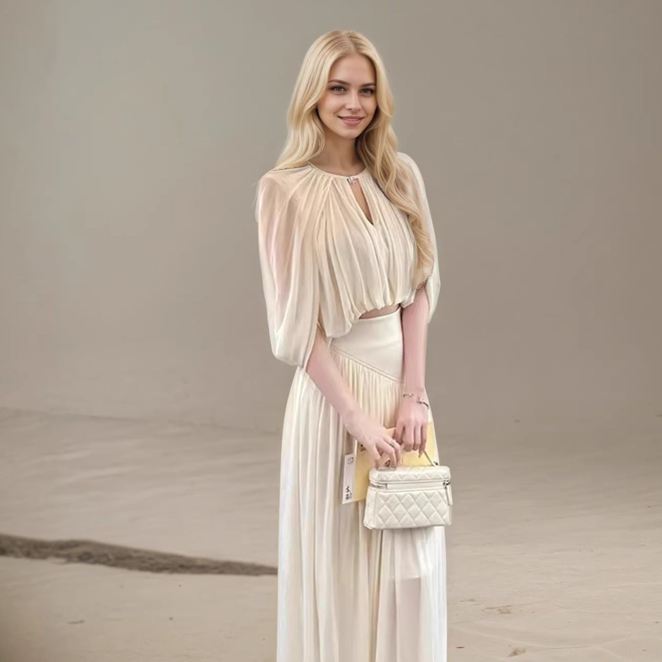 Puff-Sleeve Top & Floor-Length Pleated A-Line Skirt Set