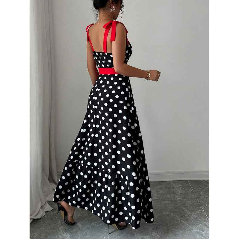 Women's Polka Dot Sleeveless A-Line Maxi Dress — Bow Detail & Color Block