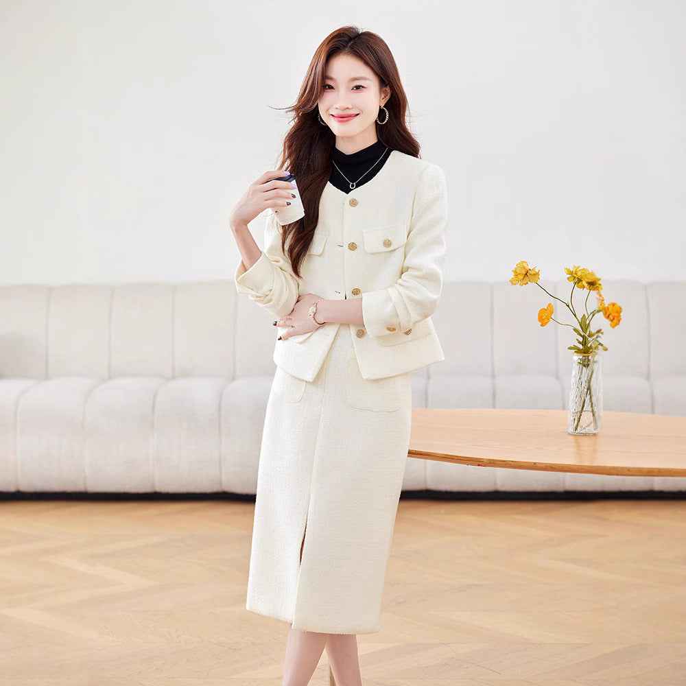 Women's Long-Sleeve Blazer & Midi Skirt Suit Set — 2 Colours