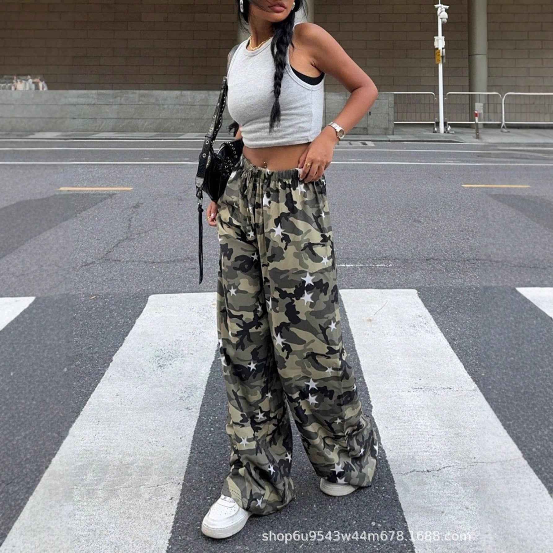 Women's Camouflage Print Mid-Waist Wide-Leg Trousers