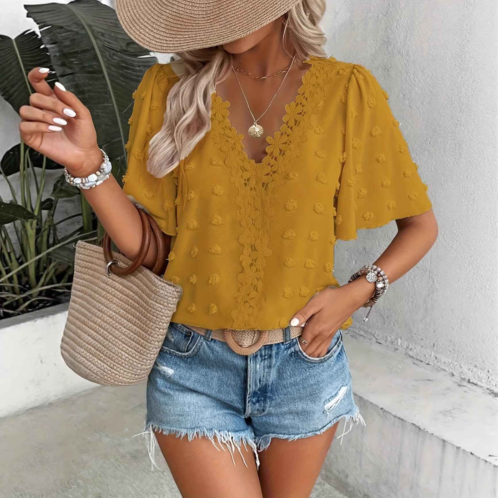 V-Neck Lace-Trim Swiss Dot Blouse – Loose Fit Short Sleeve Top