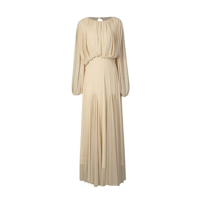 High-Waist Long-Sleeve Pleated Loose A-Line Floor-Length Maxi Dress