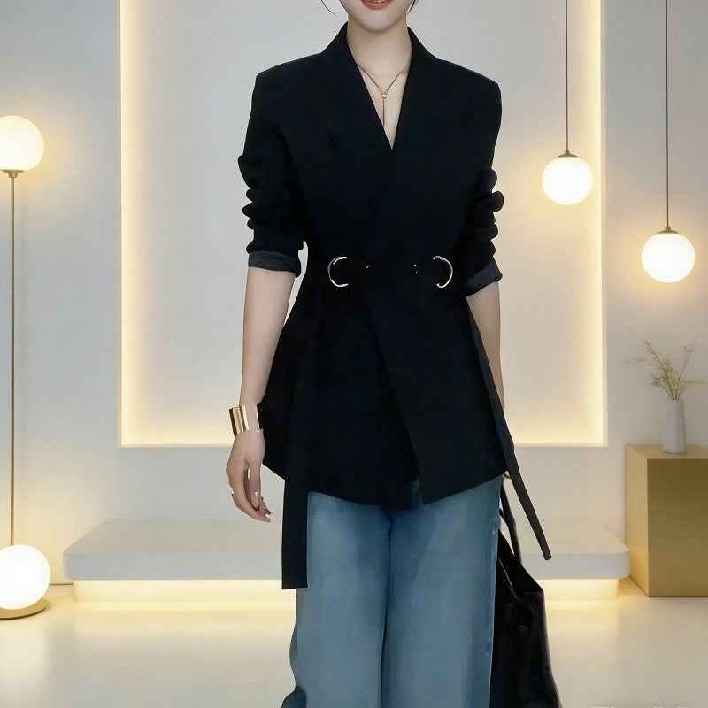 Lace-Up Tie Blazer Coat — Defined Waist, Workwear Elegant