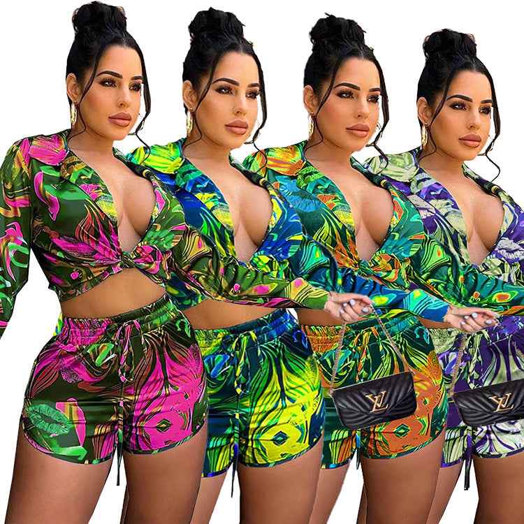 Printed Short-Sleeve Shirt And Casual Hot-Pants Set