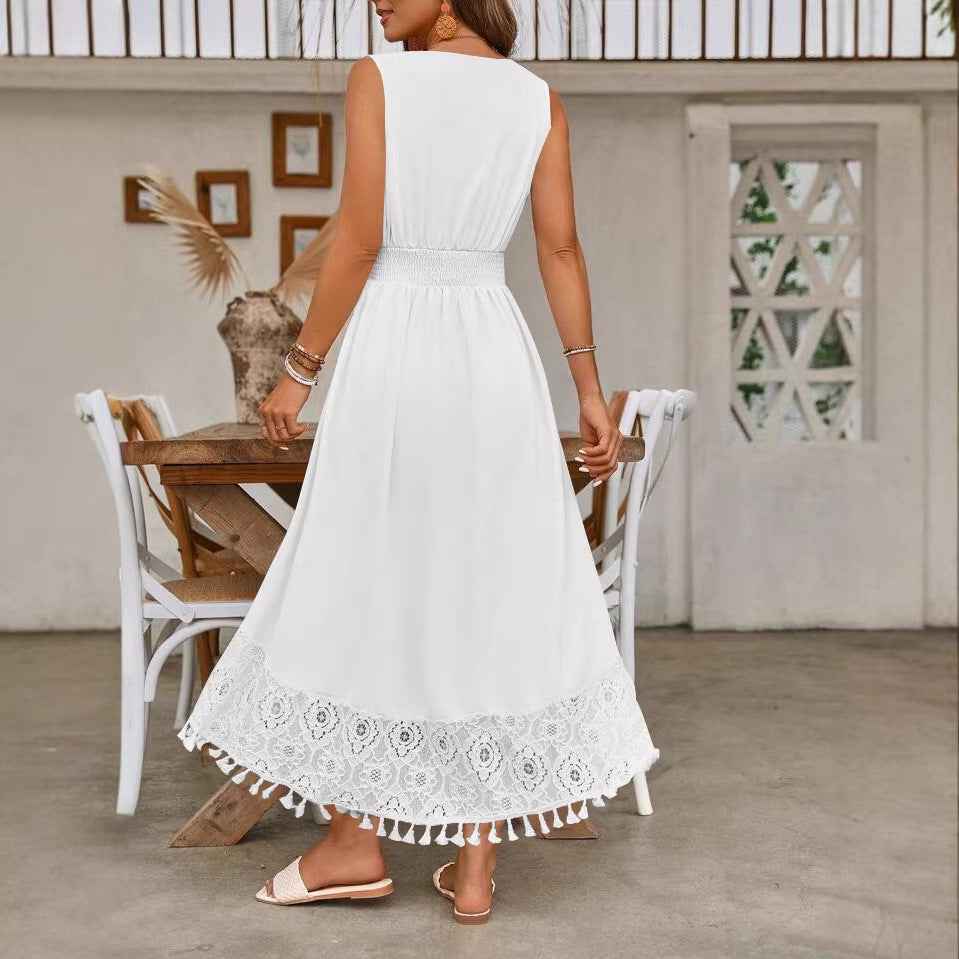Strappy V-Neck Backless Lace Dress — Elegant Mid-Rise