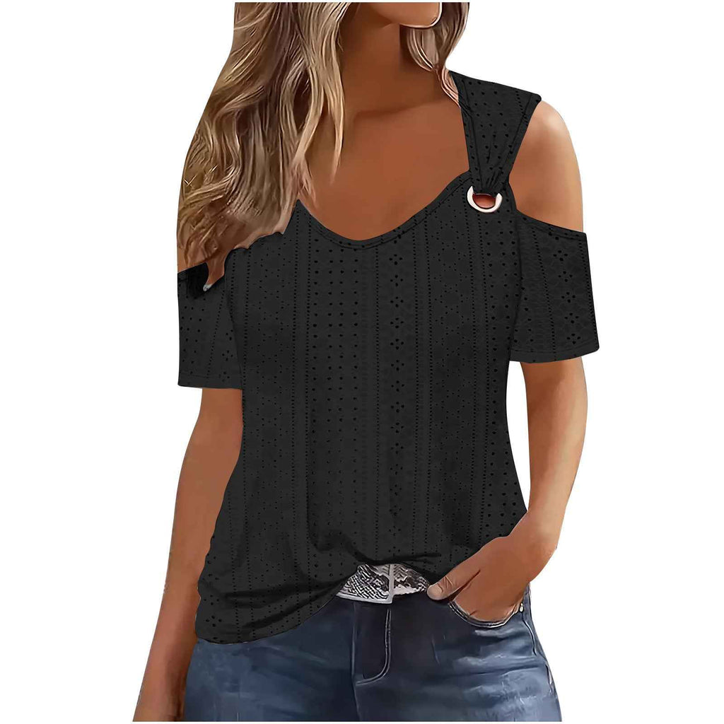 European And American-style Fitted Casual Short-sleeve Womens T-shirt With A Slit Neckline