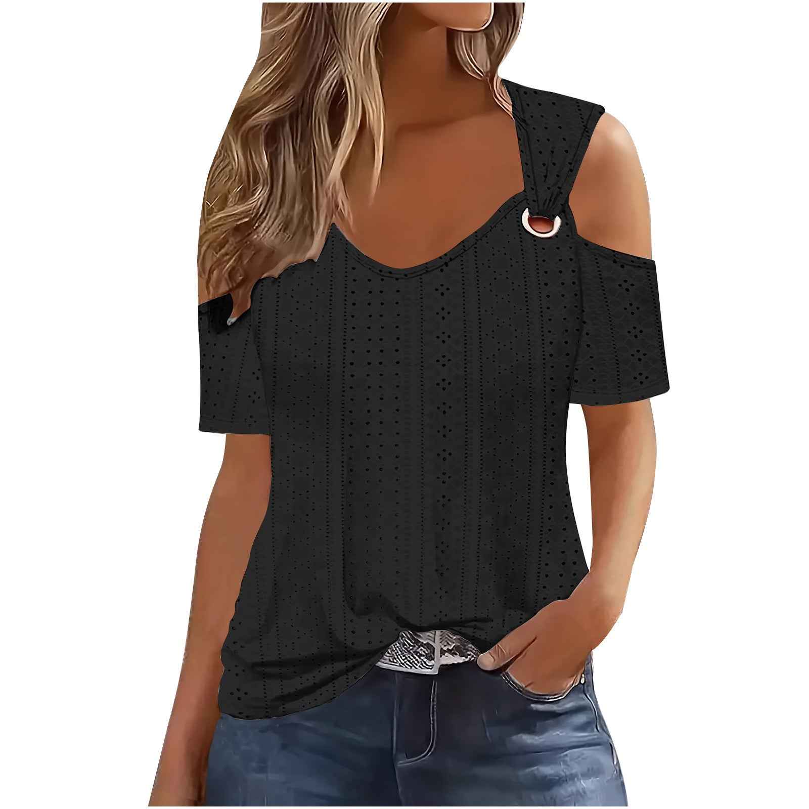 European And American-style Fitted Casual Short-sleeve Womens T-shirt With A Slit Neckline