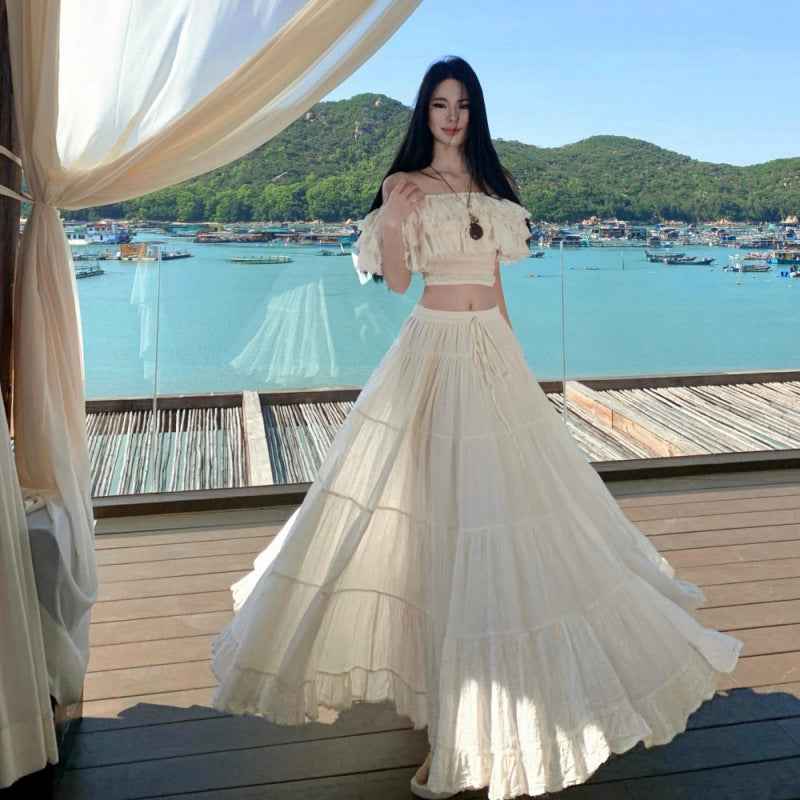 Women's French Off-Shoulder Top & Flared Skirt Set