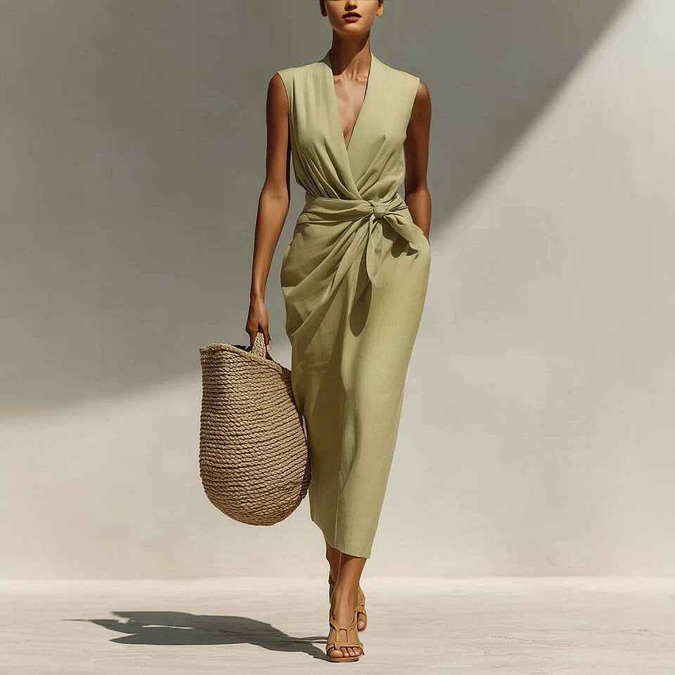 Sleeveless Adjustable-Waist Pleated Linen Slim-Fit Midi Dress