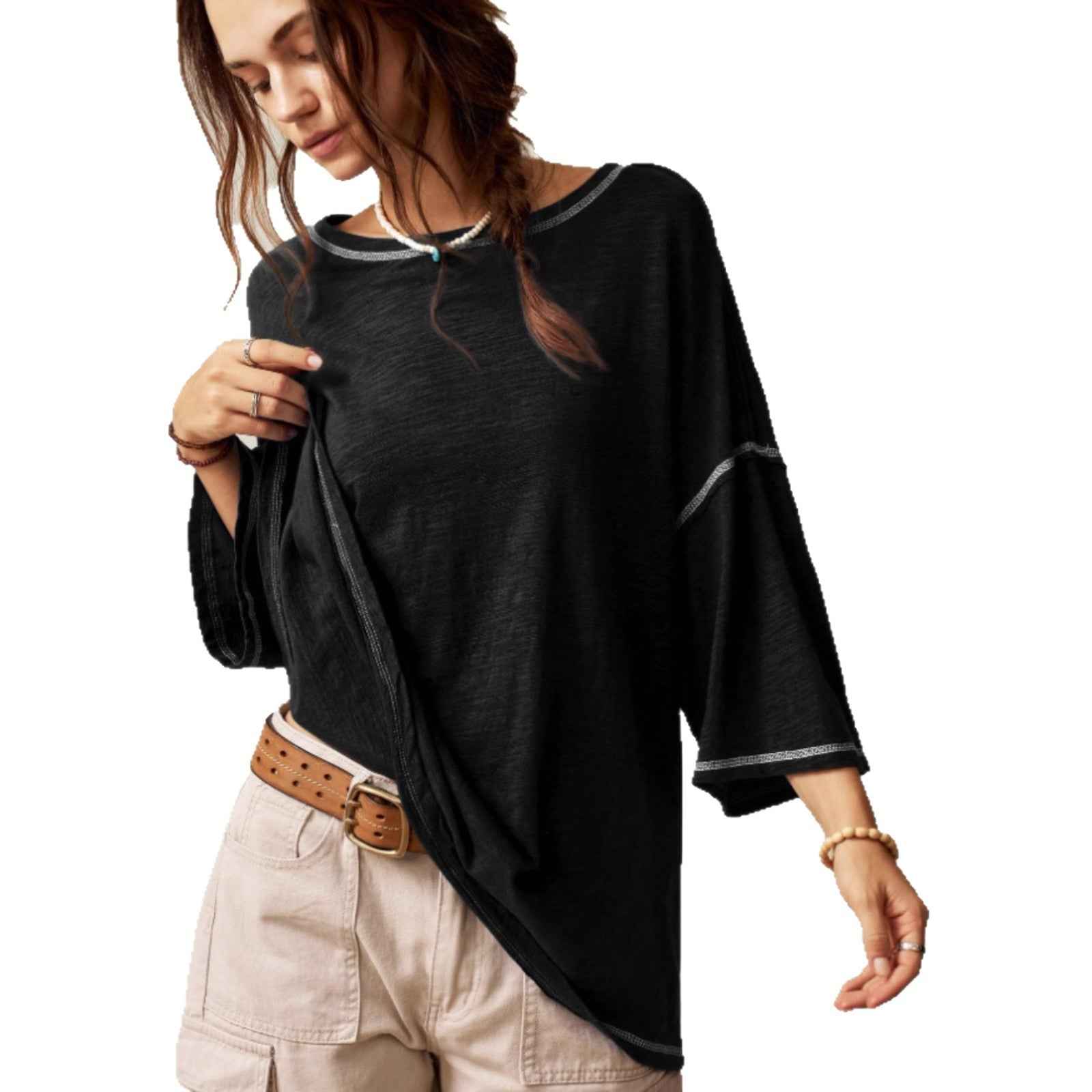 Casual Crew-neck Solid-color Versatile Long-sleeve Pullover T-shirt
